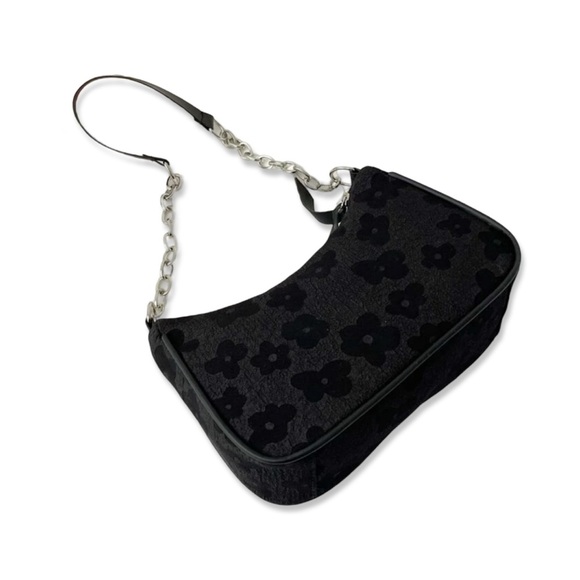 Black floral print faux leather shoulder bag with silver chain | NWT - Picture 2 of 5
